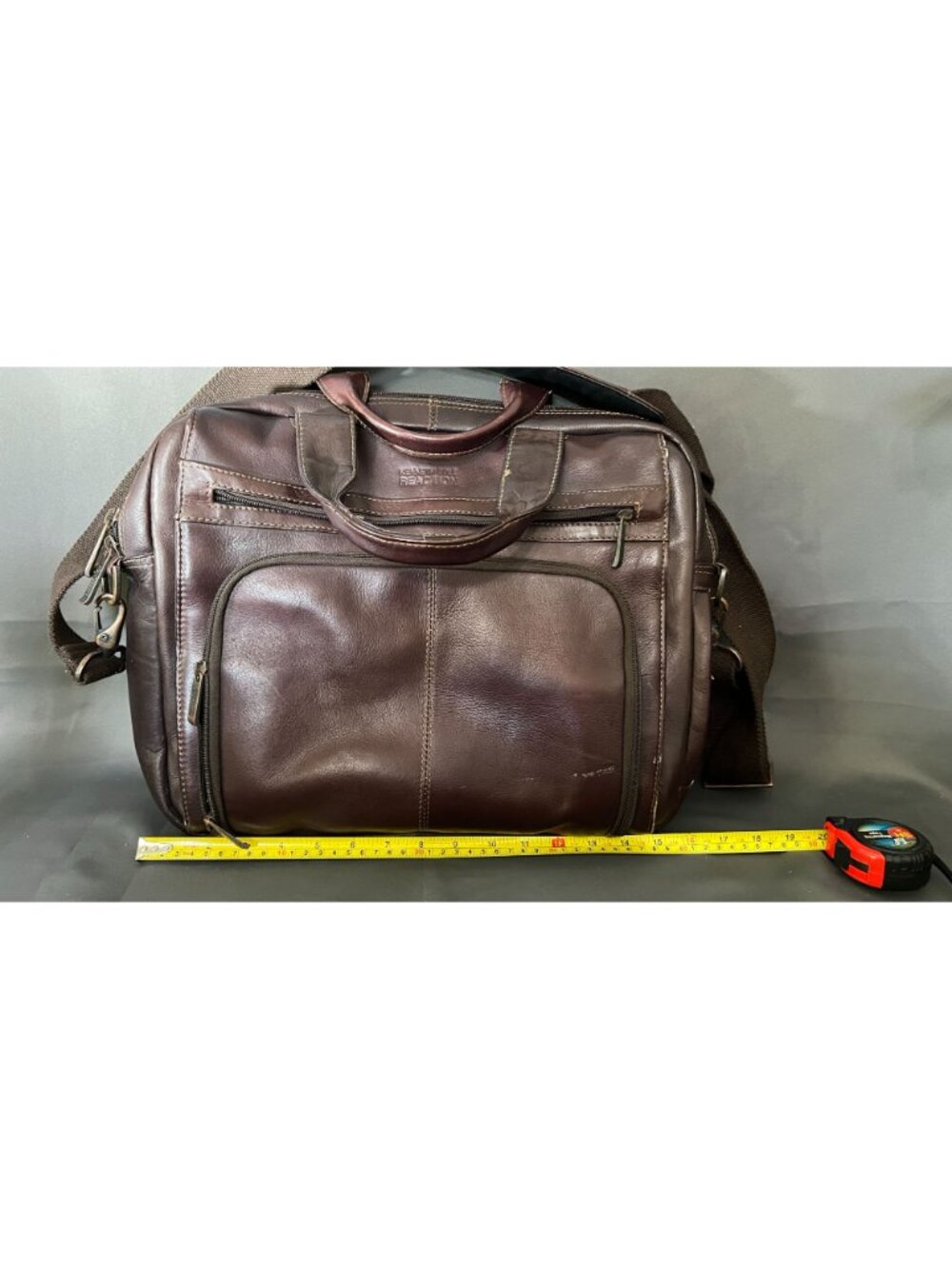 Kenneth Cole Reaction Brown Leather Briefcase Laptop Bag With Shoulder Strap - Picture 9 of 13